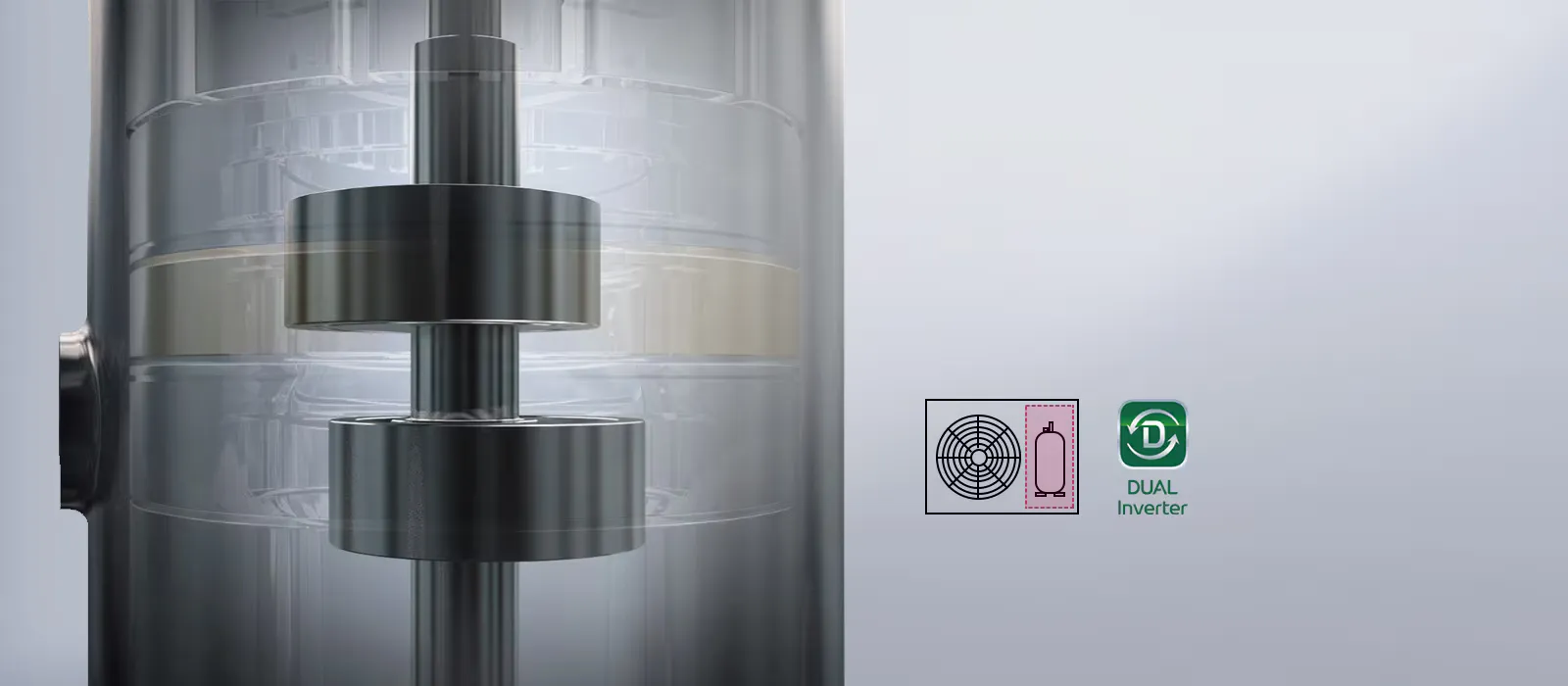 LG DUAL Inverter Compressor cutaway showing the dual rotary design
