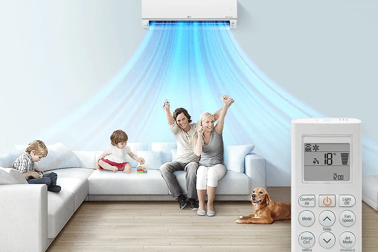 Family relaxing in a cool living room with an LG air conditioner and remote