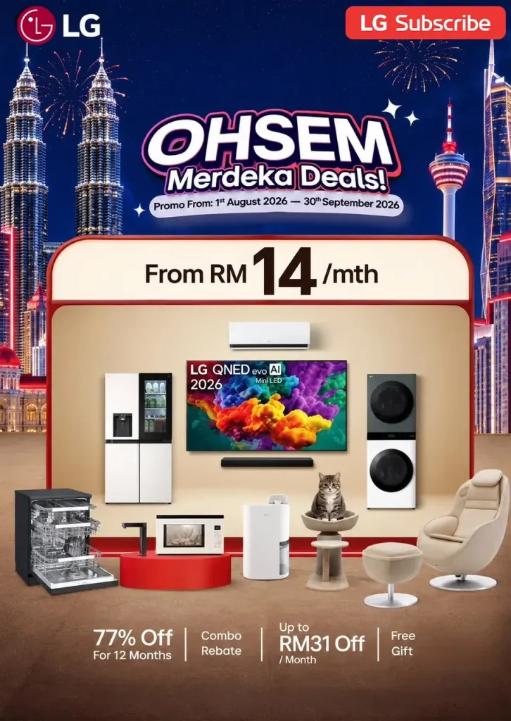 LG Subscribe OHSEM Merdeka Deals — LG PuriCare and home appliance subscriptions from RM14 a month with up to 77% off, combo rebate and free gift, 1 August to 30 September 2026 promotion